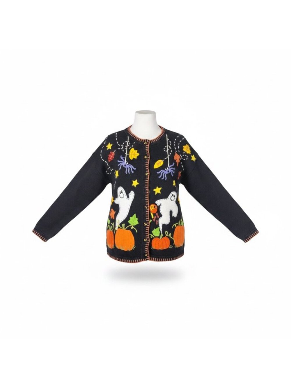 Tiara International Womens Black Ramie Halloween Cardigan Ghost Pumpkins Sz M